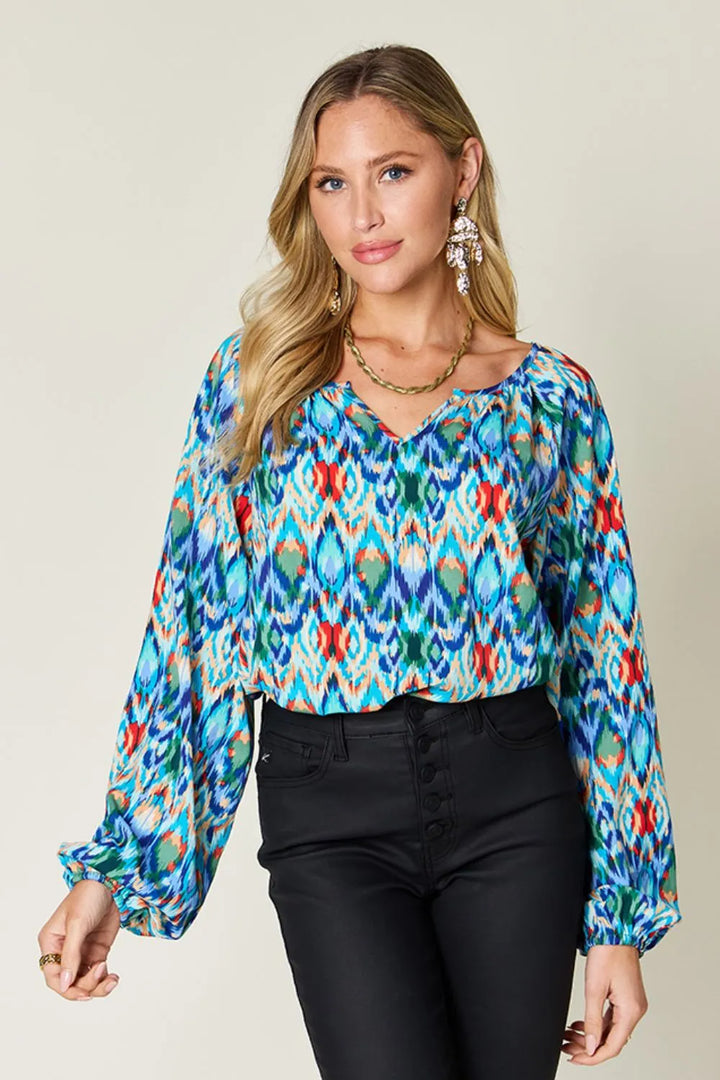 Abstract print balloon sleeve blouse with split neck