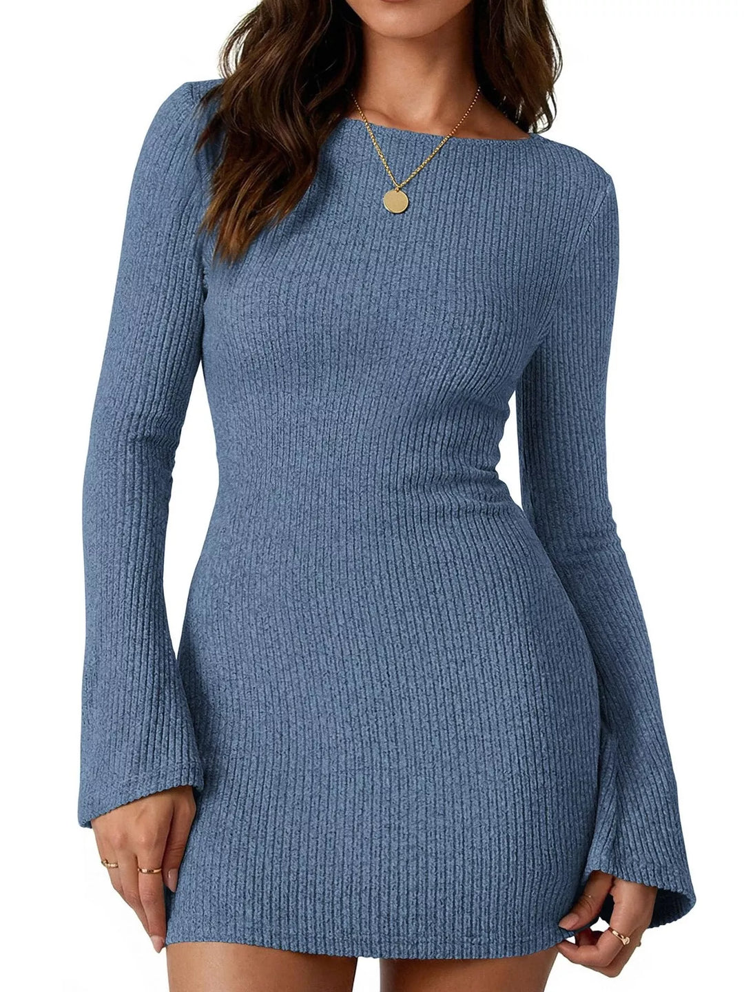 Blue Ribbed knit mini sweater dress with flared sleeves