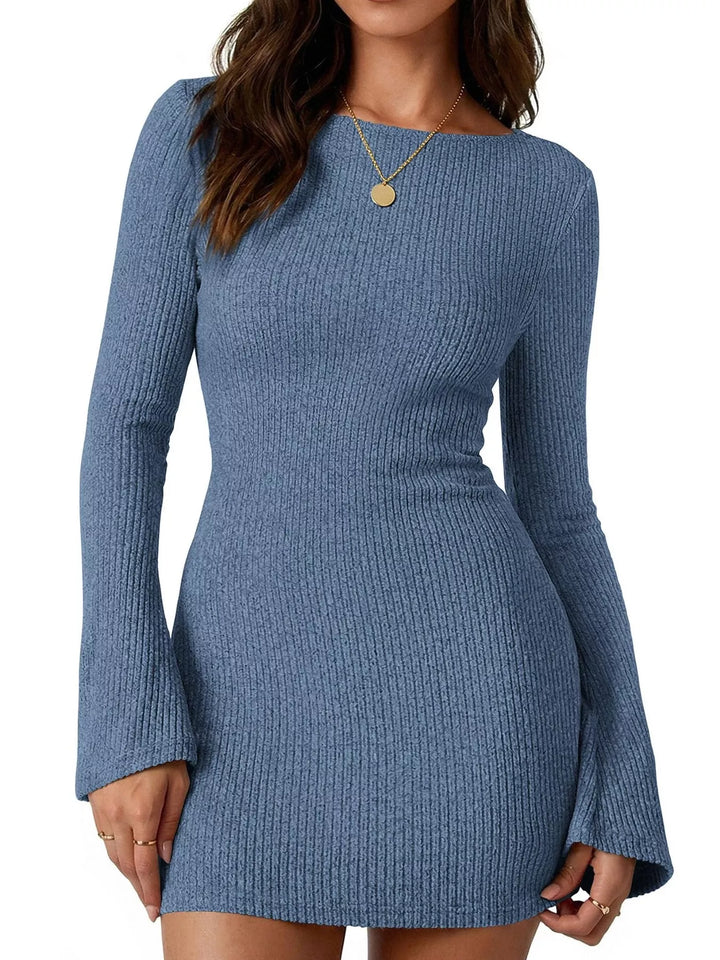 Blue Ribbed knit mini sweater dress with flared sleeves