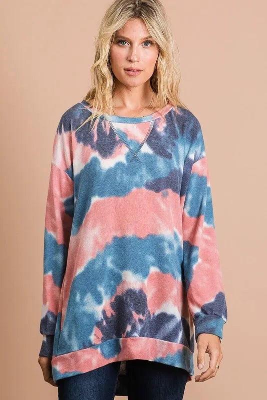 Tie-dye French terry pullover with front stitch detail
