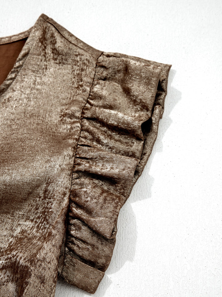 Metallic ruffle cap sleeve round neck top
