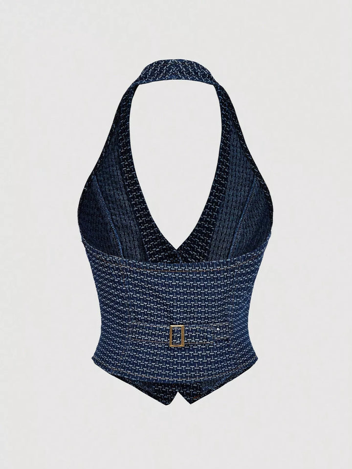 Halter denim vest and wide-leg jeans two-piece set