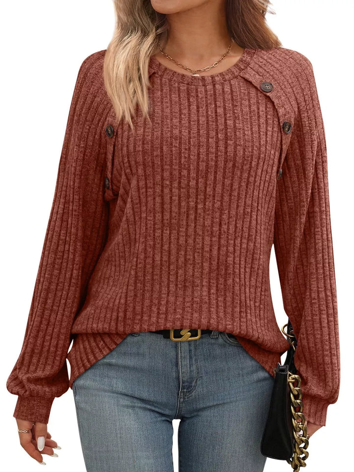Brick Red Ribbed knit long sleeve top with decorative shoulder buttons