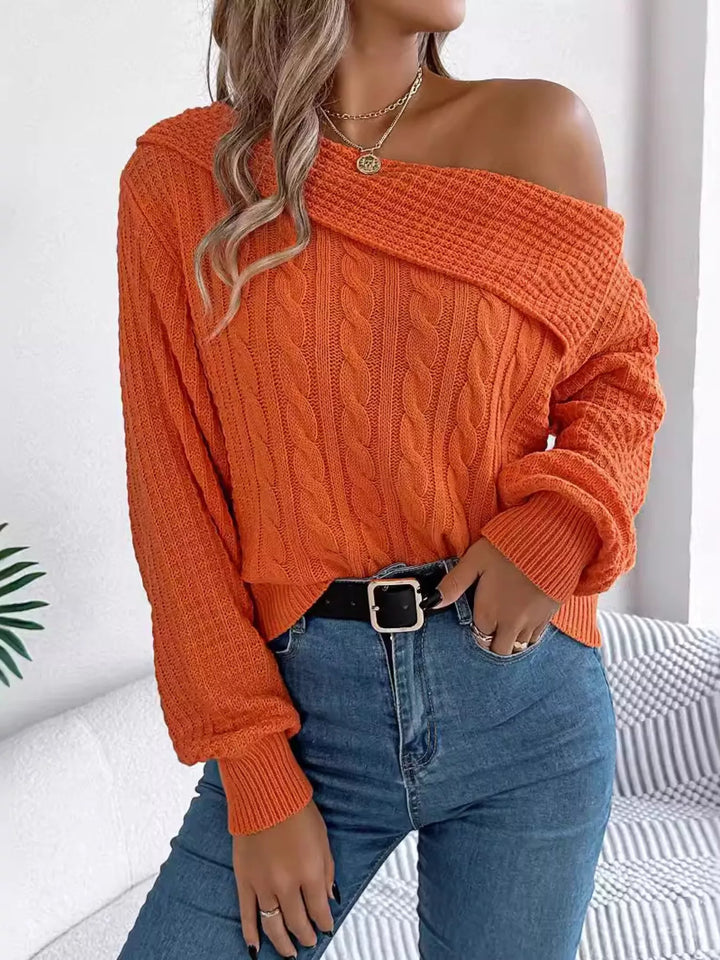 Cable knit one-shoulder sweater with fold-over ribbed collar
