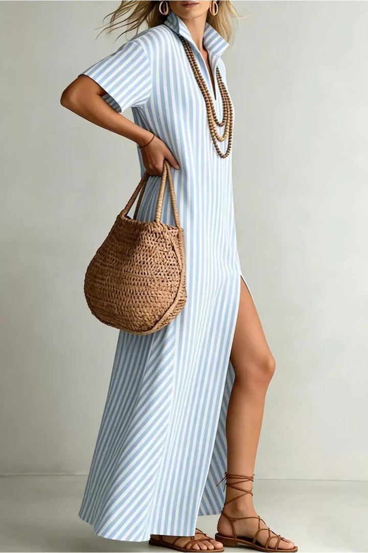 Striped collared maxi dress with high front slit