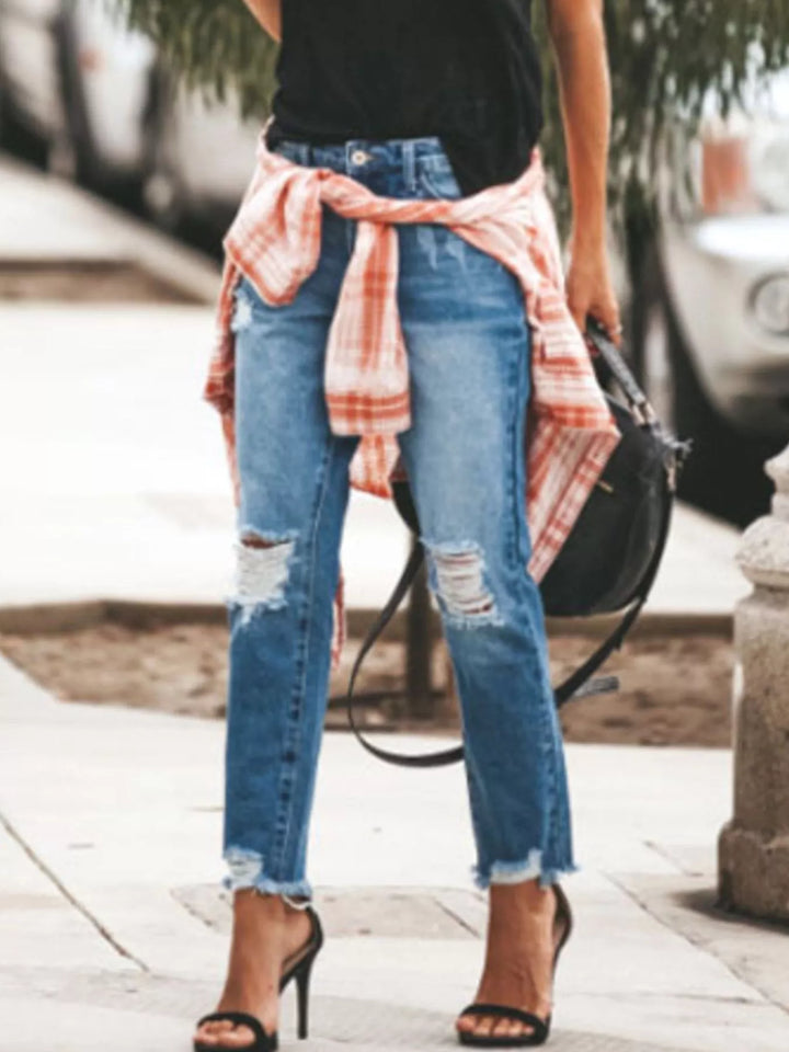 Distressed straight-leg ankle jeans with raw hem
