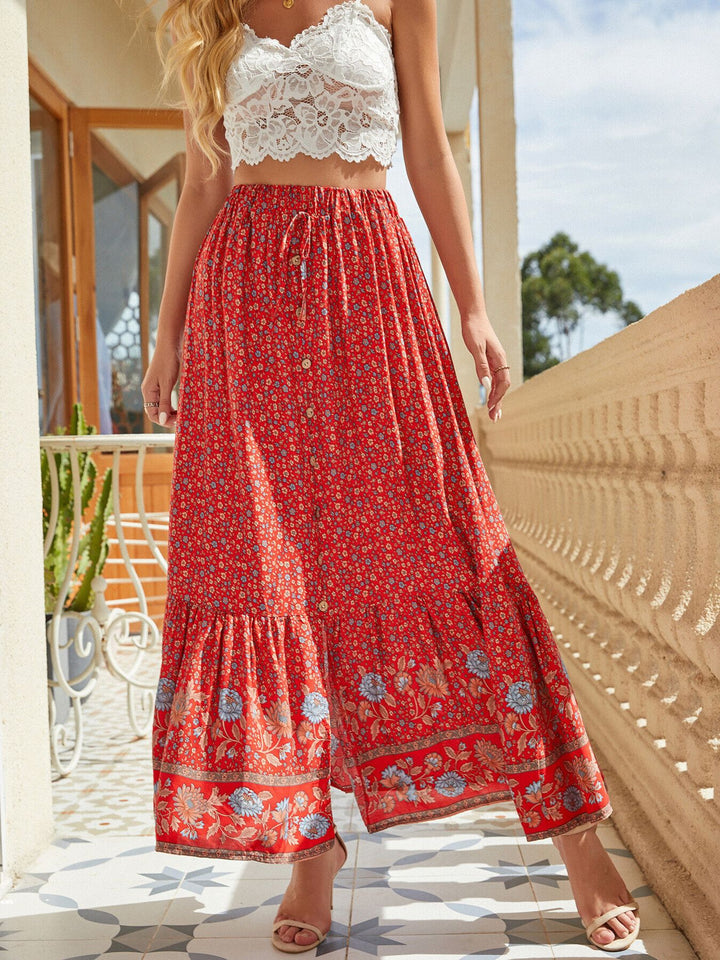 Floral print button-front midi skirt with side slit