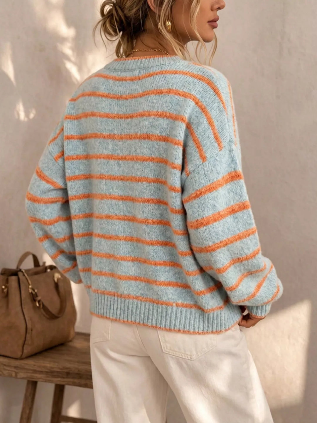 Striped button-front knit cardigan with contrast trim
