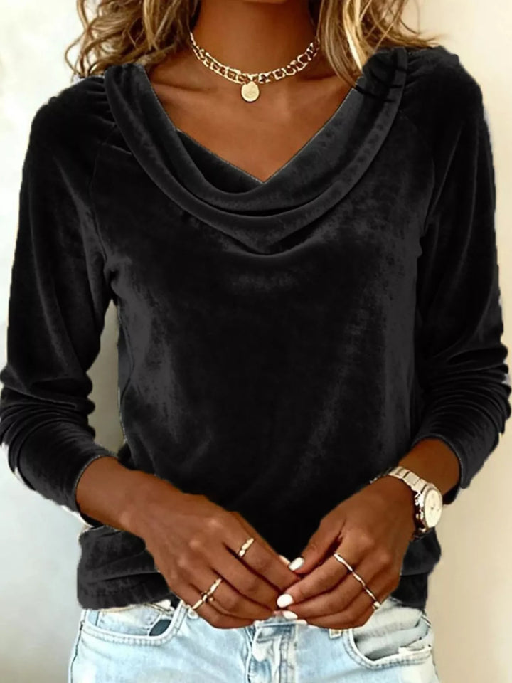 Velvet cowl neck draped long sleeve top