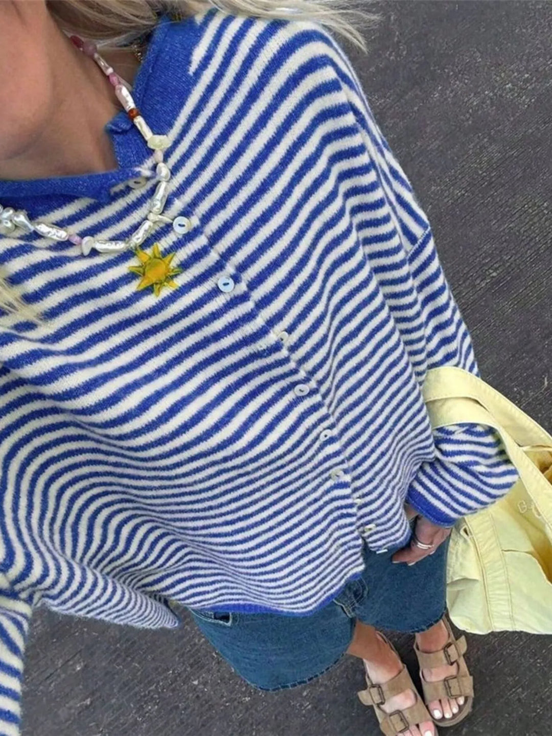 Striped lightweight knit button-front cardigan