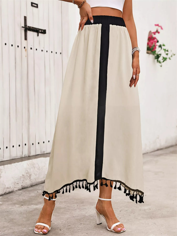 Contrast stripe high-waist midi skirt with tassel hem