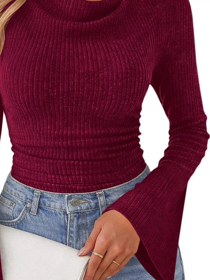 Ribbed knit cowl neck top with flared bell sleeves