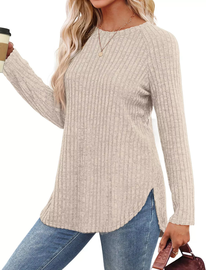 Ribbed knit crew neck long sleeve top with curved hem