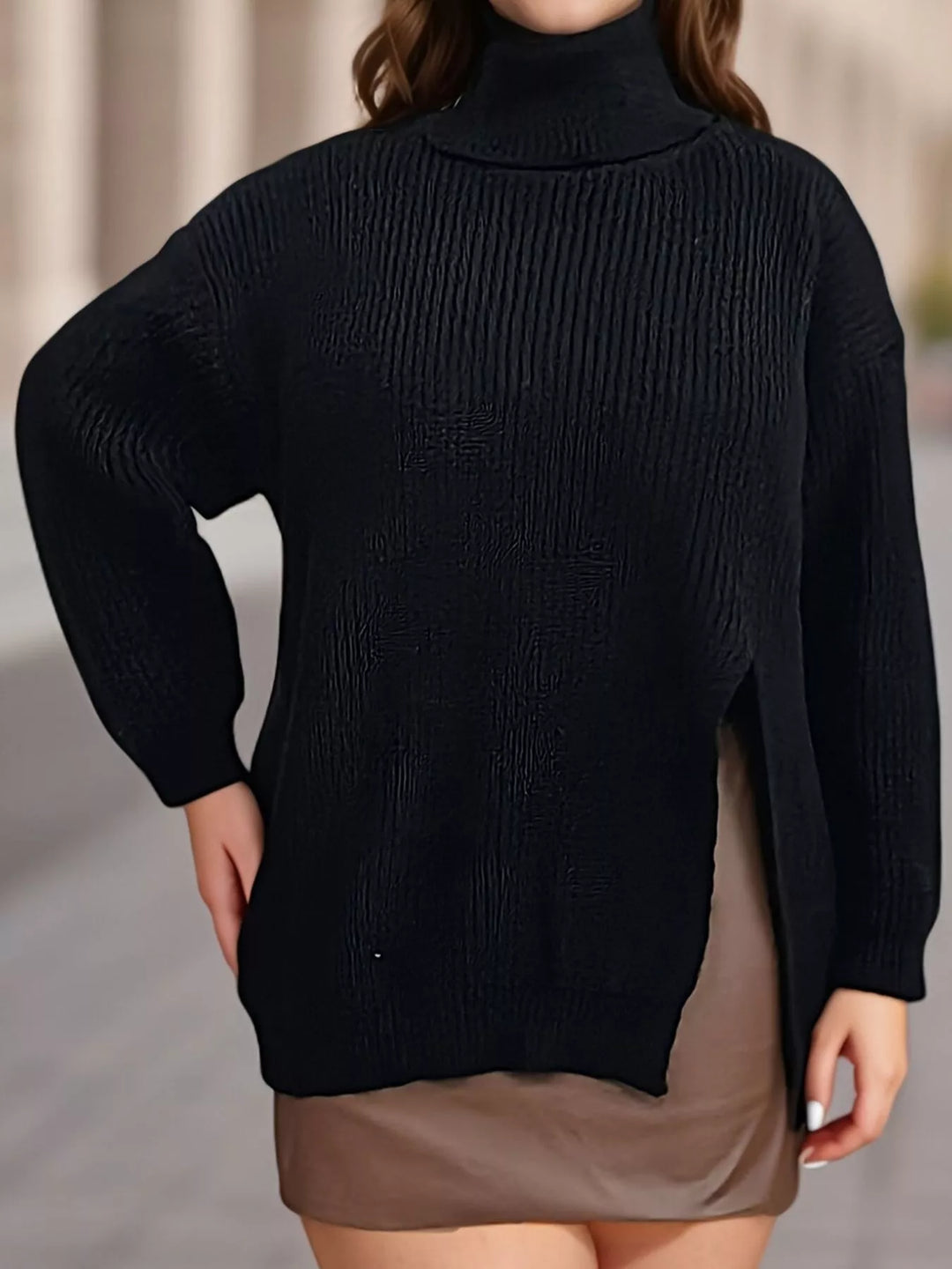 Ribbed turtleneck sweater with side slit and drop shoulders