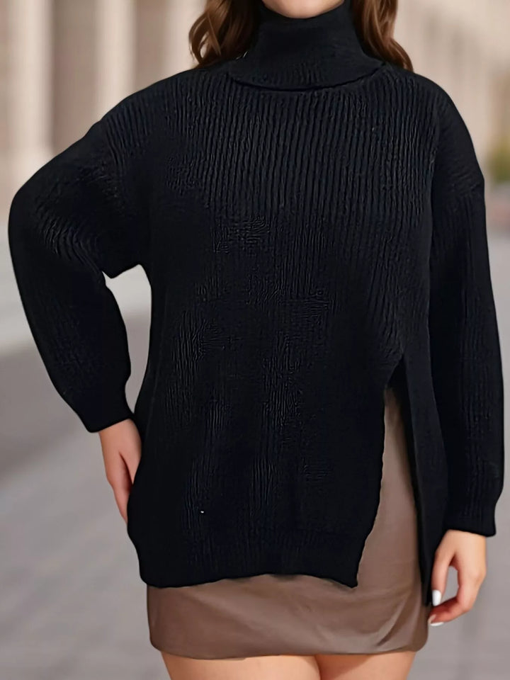 Ribbed turtleneck sweater with side slit and drop shoulders