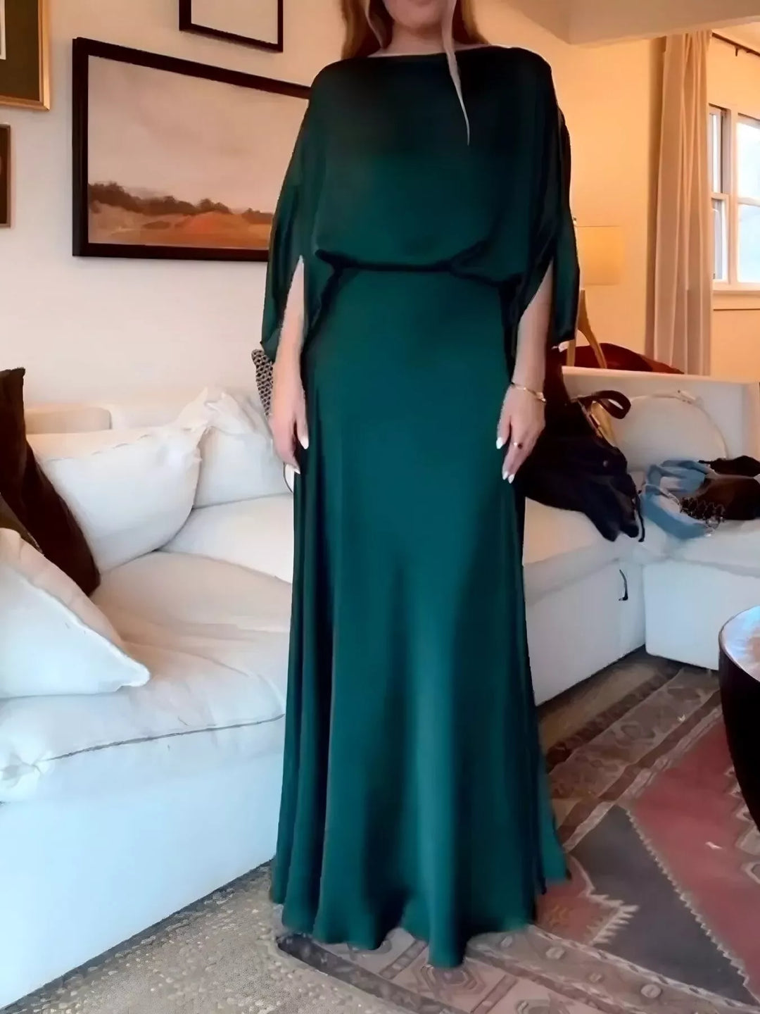 Dark Green Satin batwing sleeve maxi dress with ruched bodice