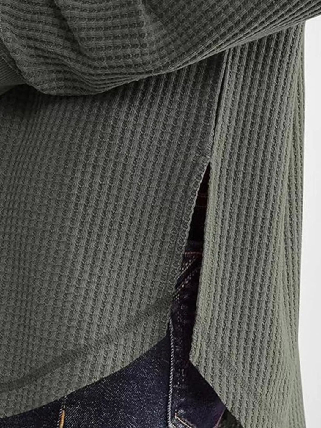 Waffle knit notched neck long sleeve tunic top