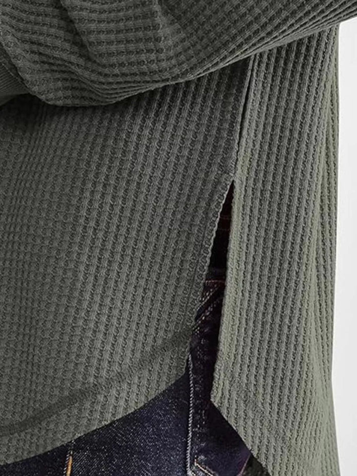Waffle knit notched neck long sleeve tunic top