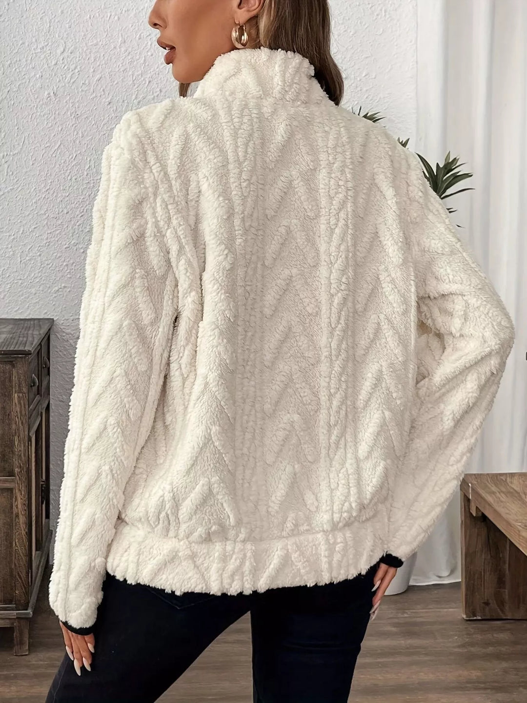 Textured sherpa half-zip pullover with contrast trim