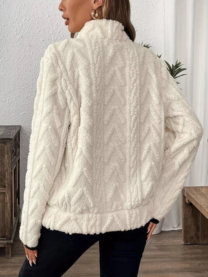 Textured sherpa half-zip pullover with contrast trim