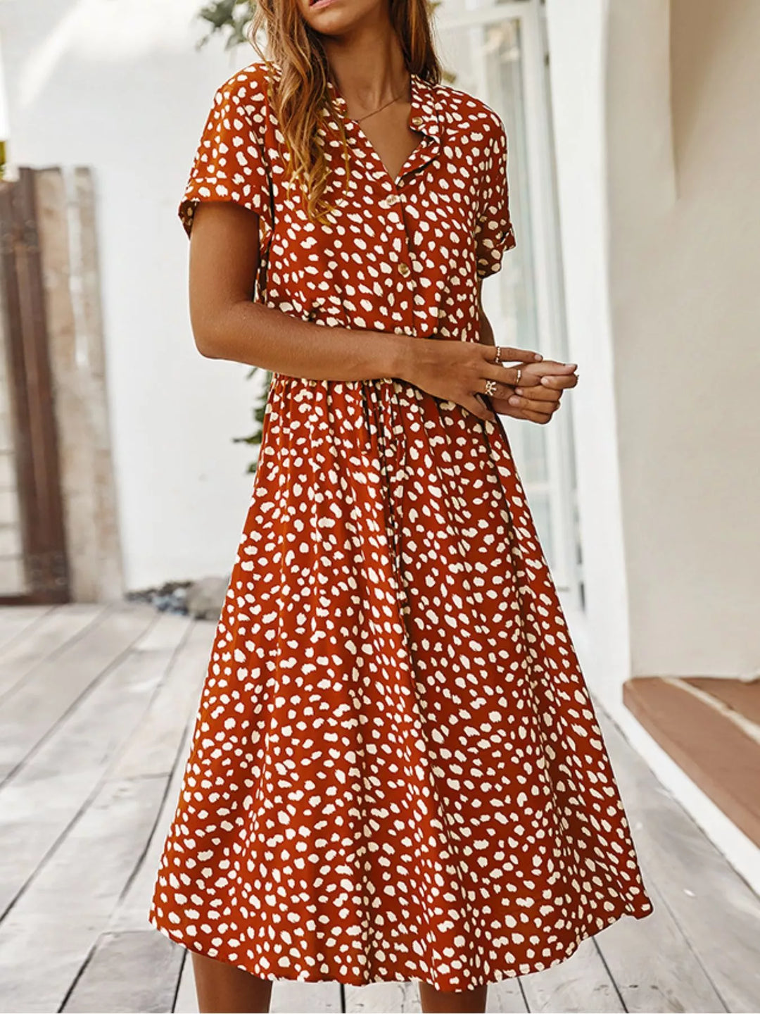Orange Animal print short sleeve midi shirt dress with tie waist