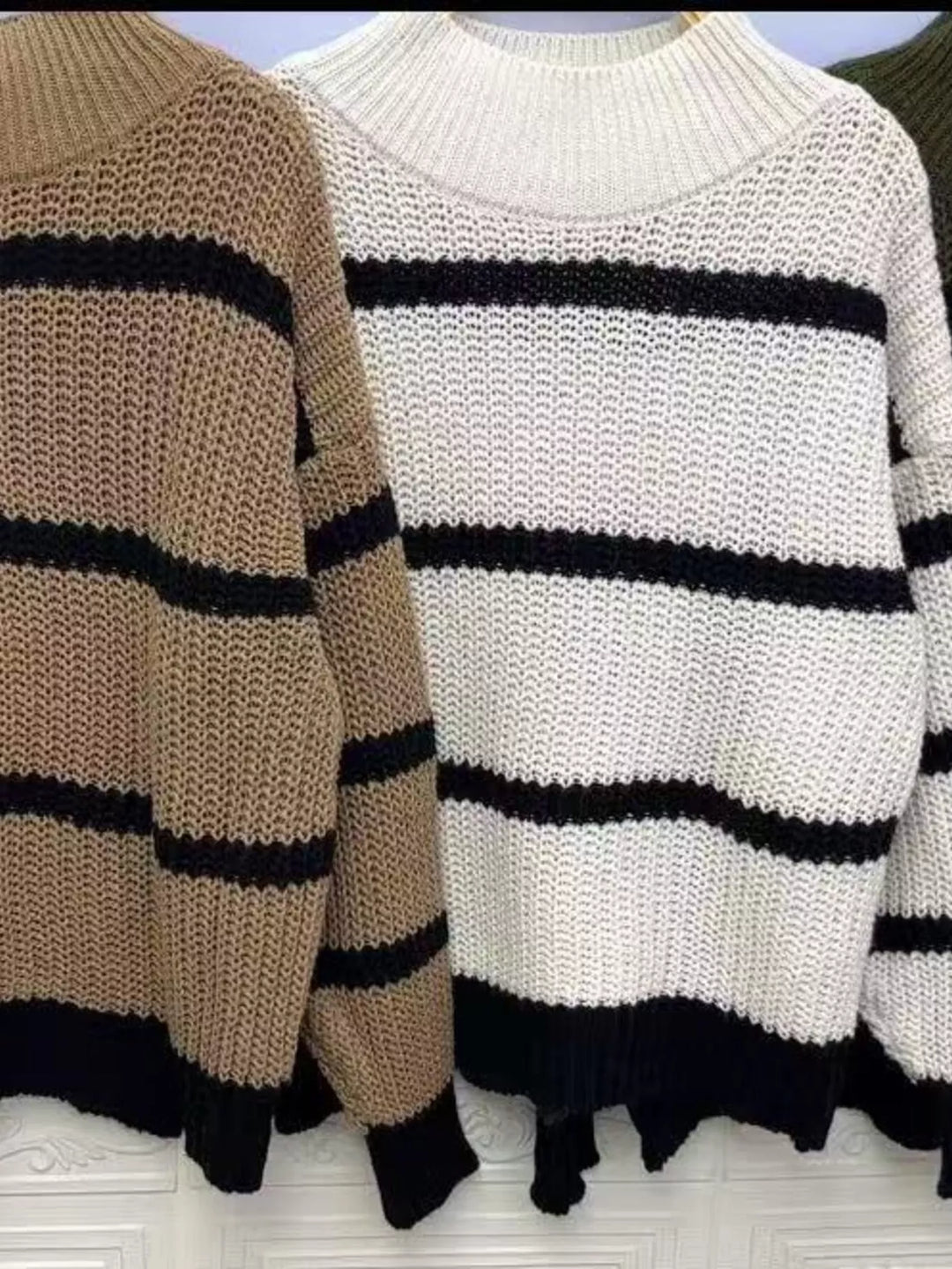 Striped mock neck chunky ribbed knit sweater