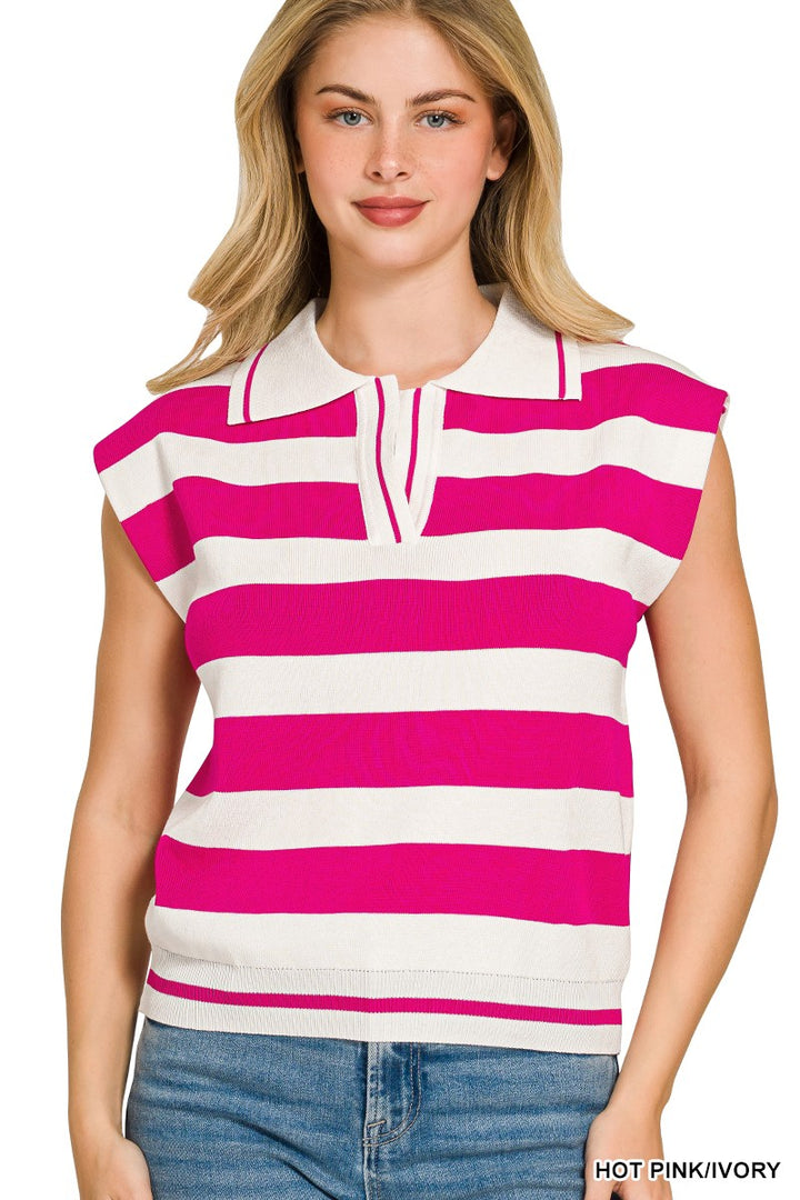 HOT PINK/IVORY Striped polo collar sleeveless sweater vest