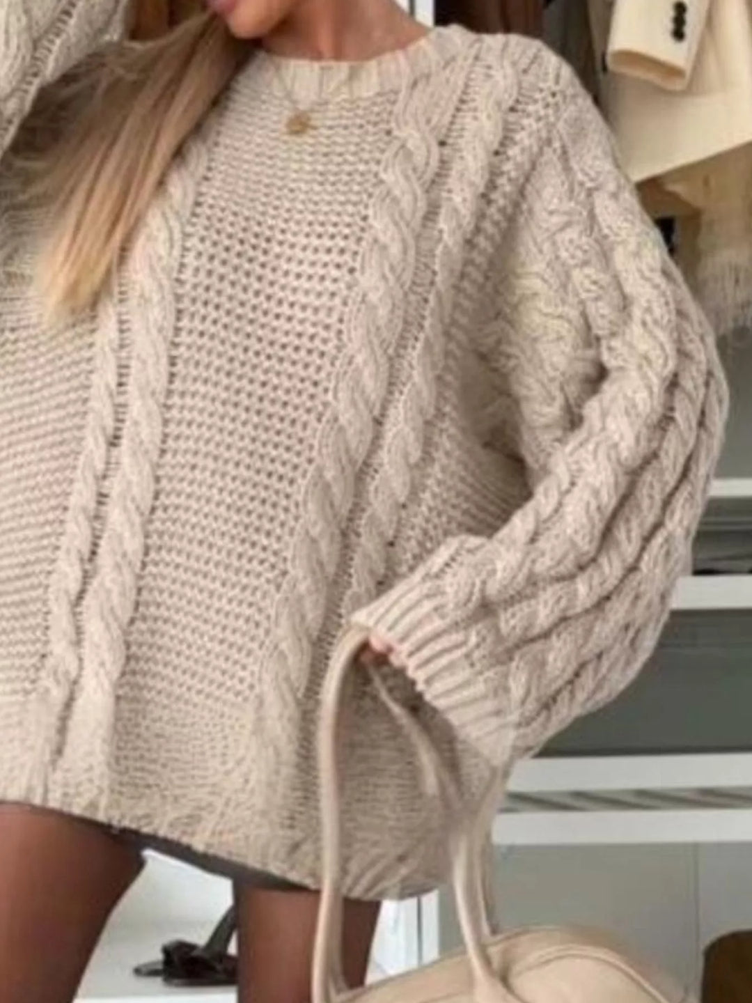 Chunky cable knit oversized crewneck sweater