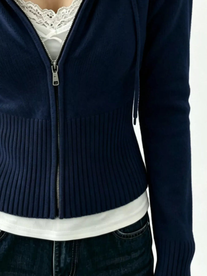 Ribbed knit zip-up cropped hooded cardigan