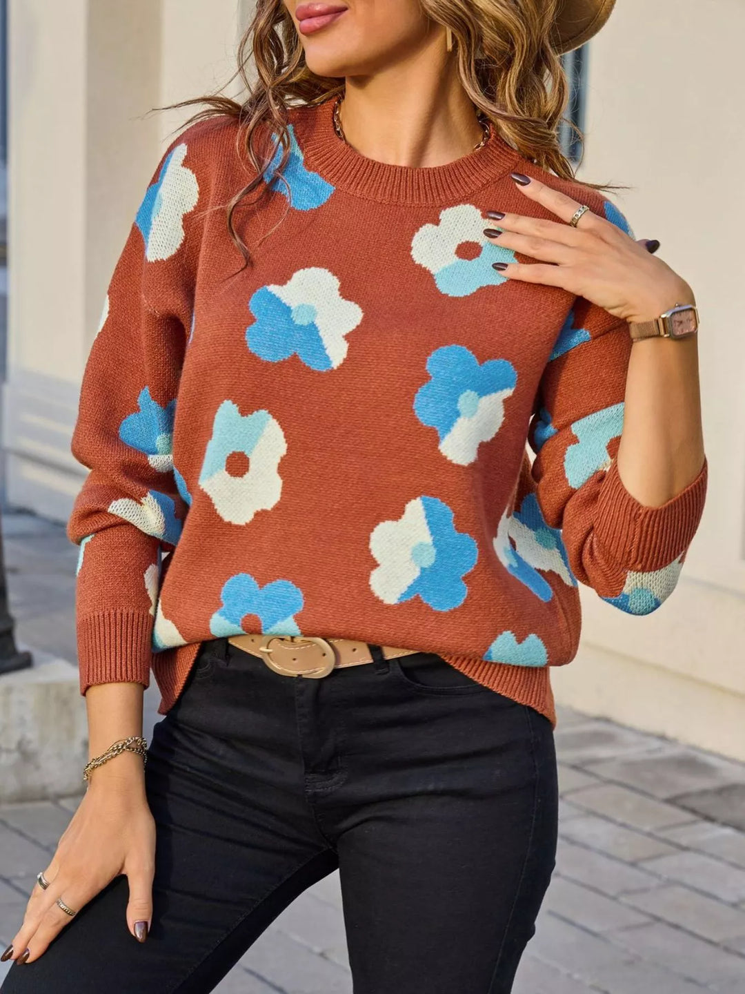 Camel Retro floral crew neck knit pullover sweater