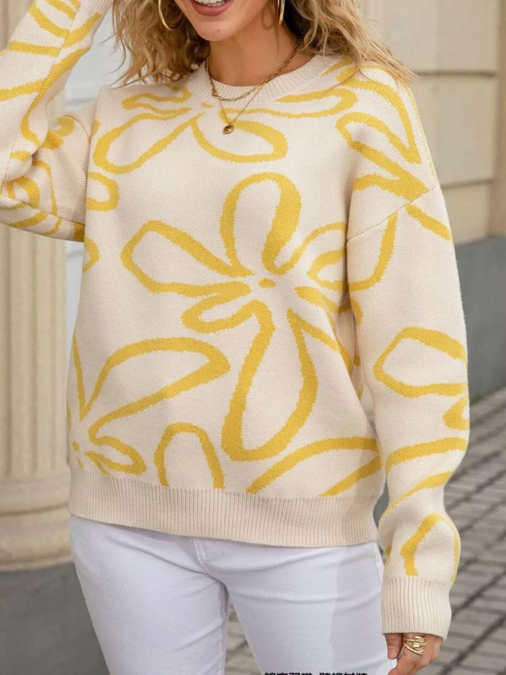 Floral print crew neck knit sweater with ribbed trim