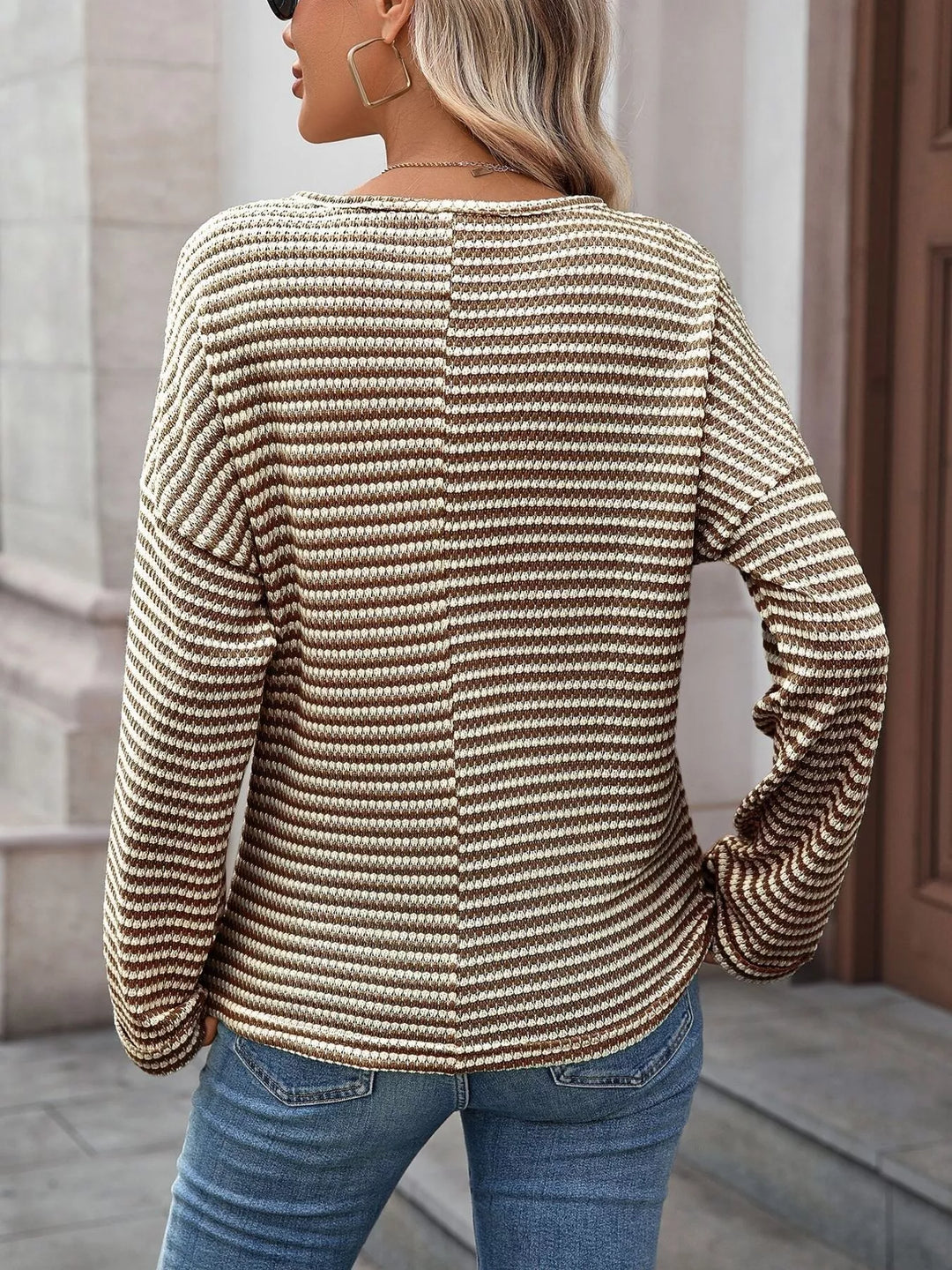 Striped waffle-knit notched neck long sleeve top