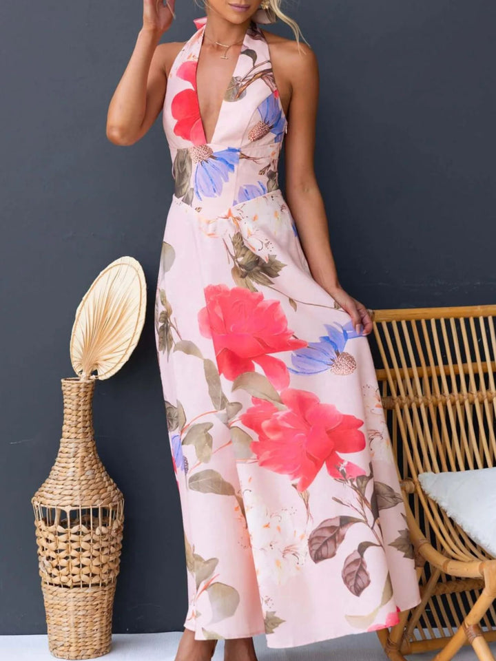 Floral print halter maxi dress with lace-up back