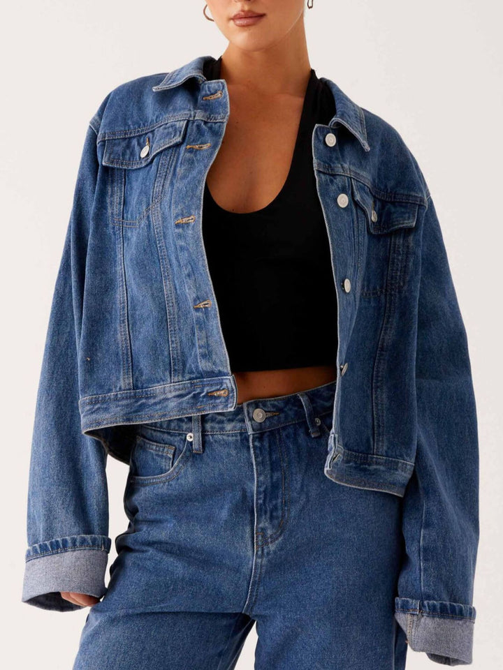 Dark Blue Oversized cropped denim jacket with chest flap pockets