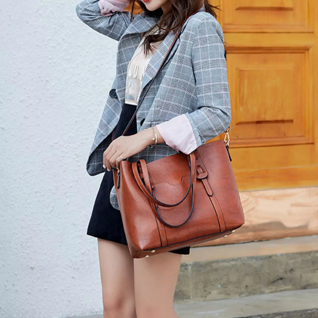 Buckle-strap faux leather shoulder tote bag