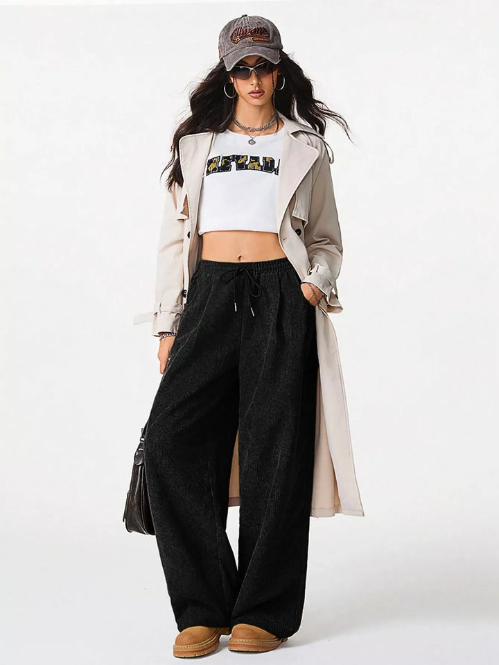 Corduroy wide-leg pants with drawstring waist and pockets