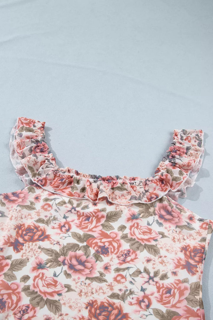 Floral ruffle-trim square-neck fitted tank top
