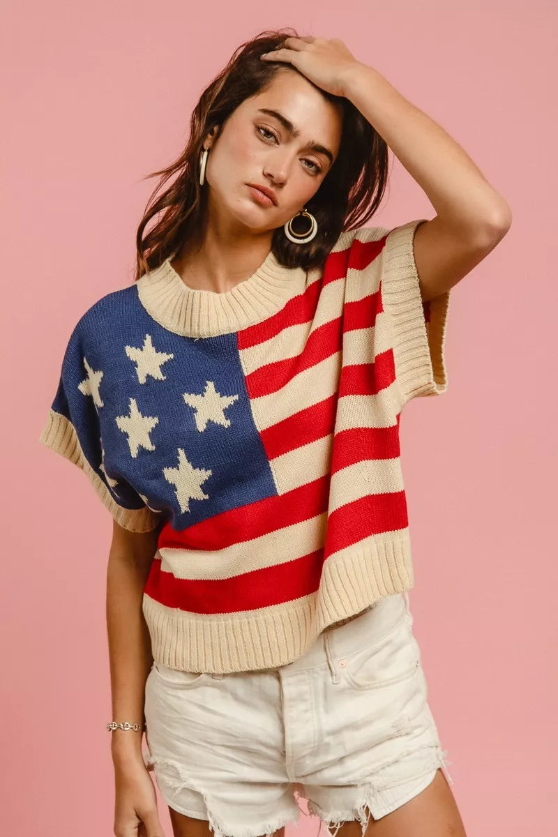 American flag sleeveless knit sweater top