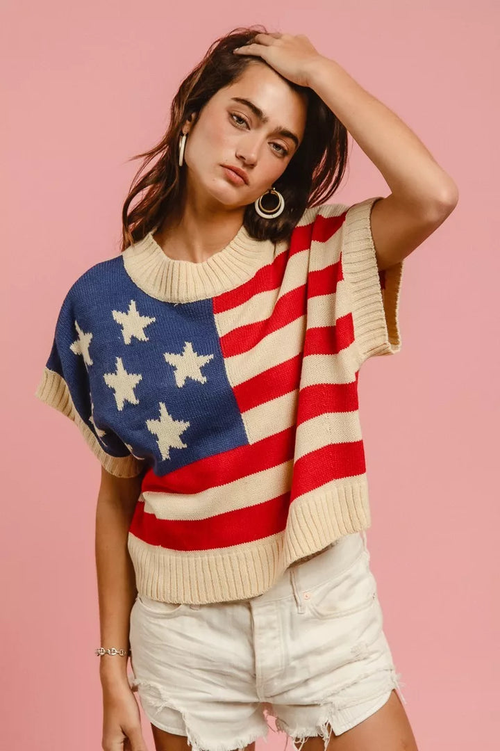 American flag sleeveless knit sweater top