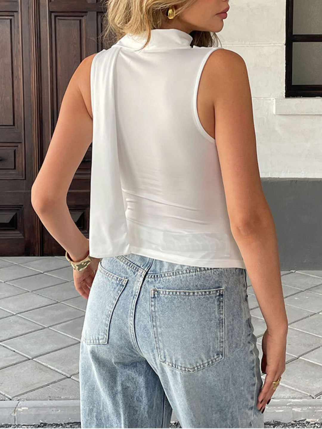Ruched cowl neck cami with tie choker neckline