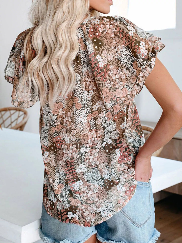Floral print V-neck button-down blouse with tie waist