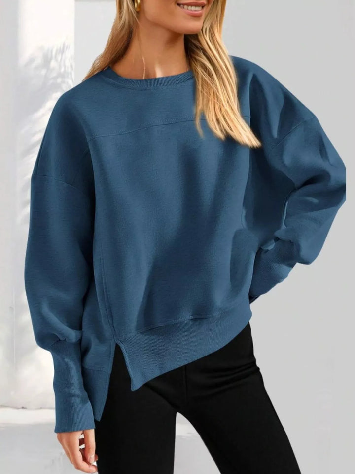 Dark Blue Side slit drop-shoulder relaxed crewneck sweatshirt