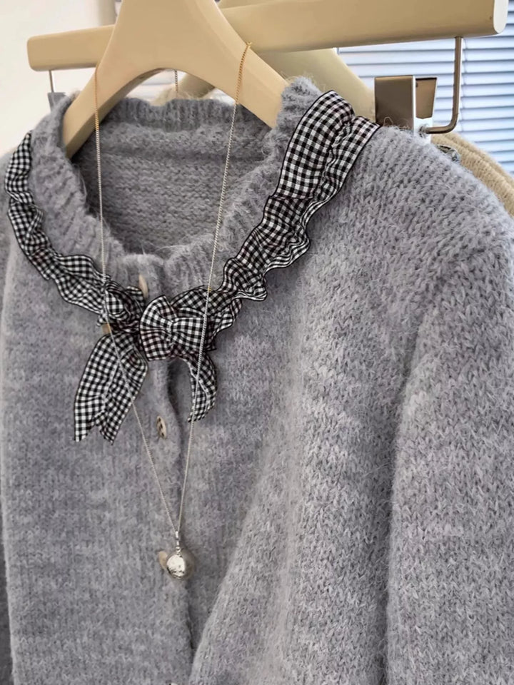 Gingham ruffle trim button-up knit cardigan
