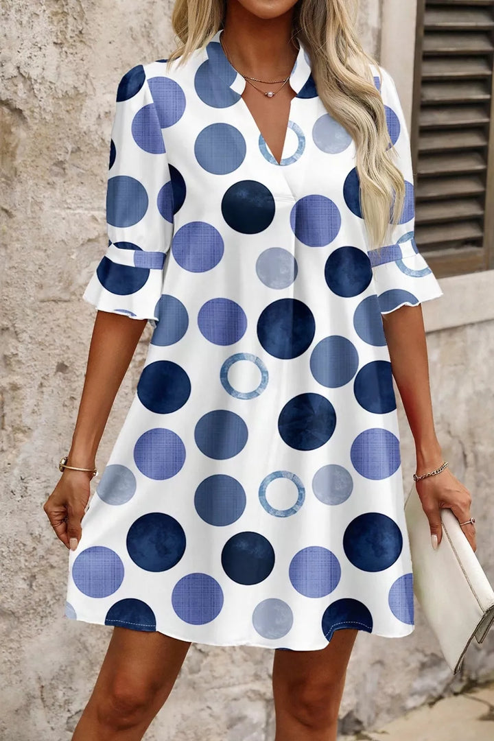 Dusty Blue Polka dot v-neck mini dress with flounce sleeves
