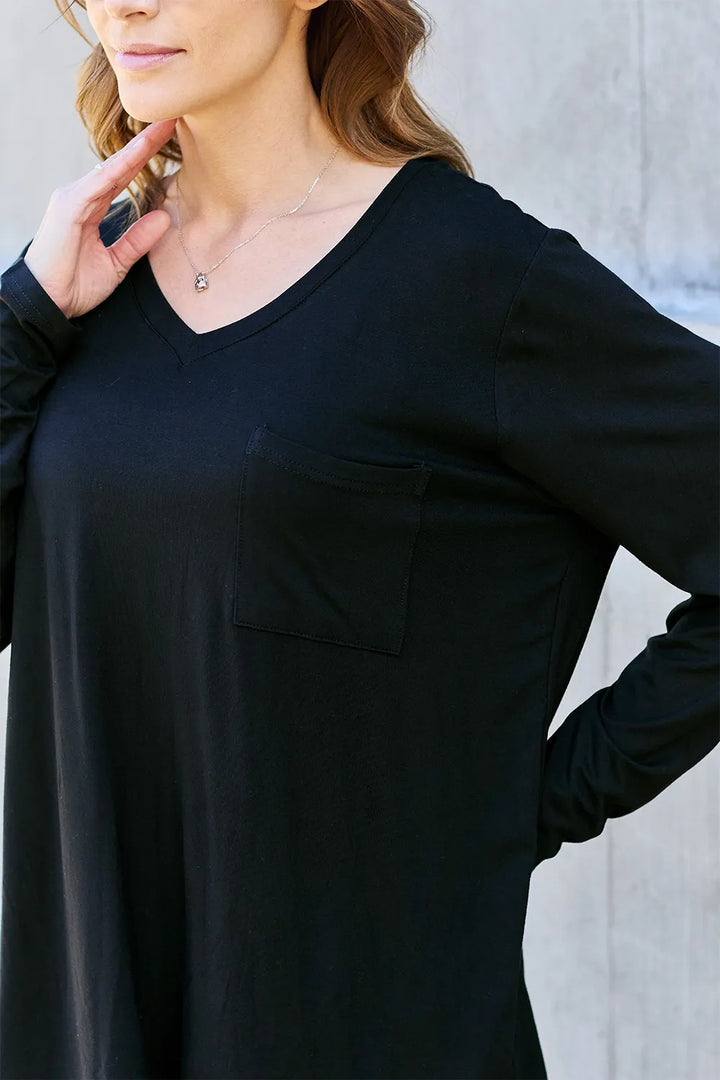 V-neck long sleeve top with chest pocket