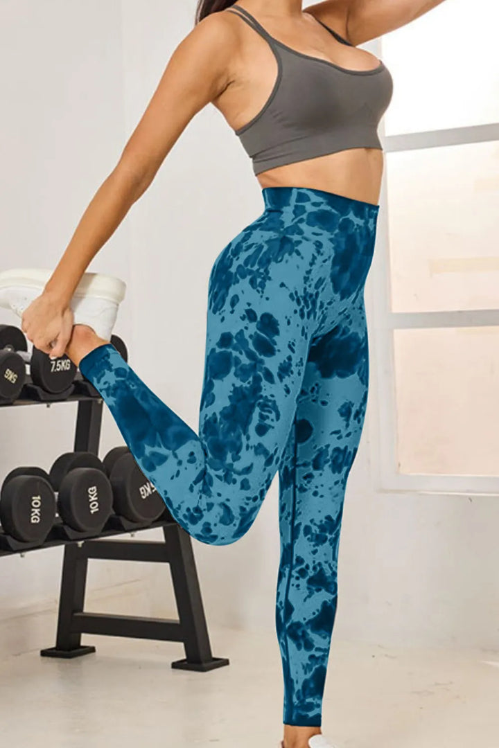 Tie-dye high-waist active leggings with wide waistband
