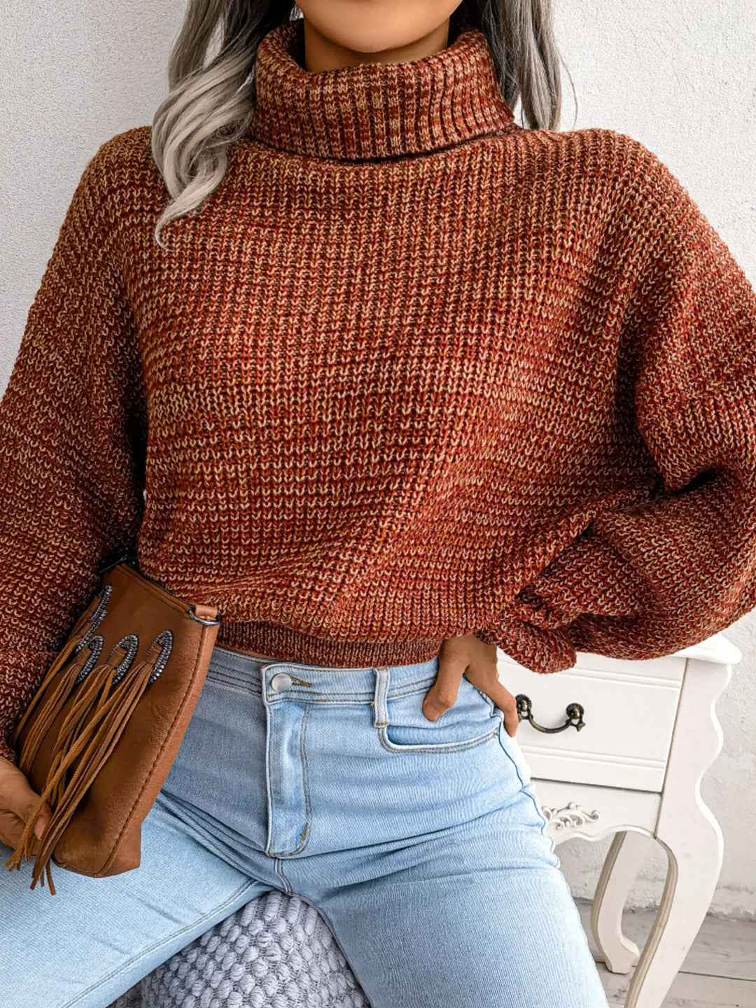 Waffle knit turtleneck sweater with dropped shoulders
