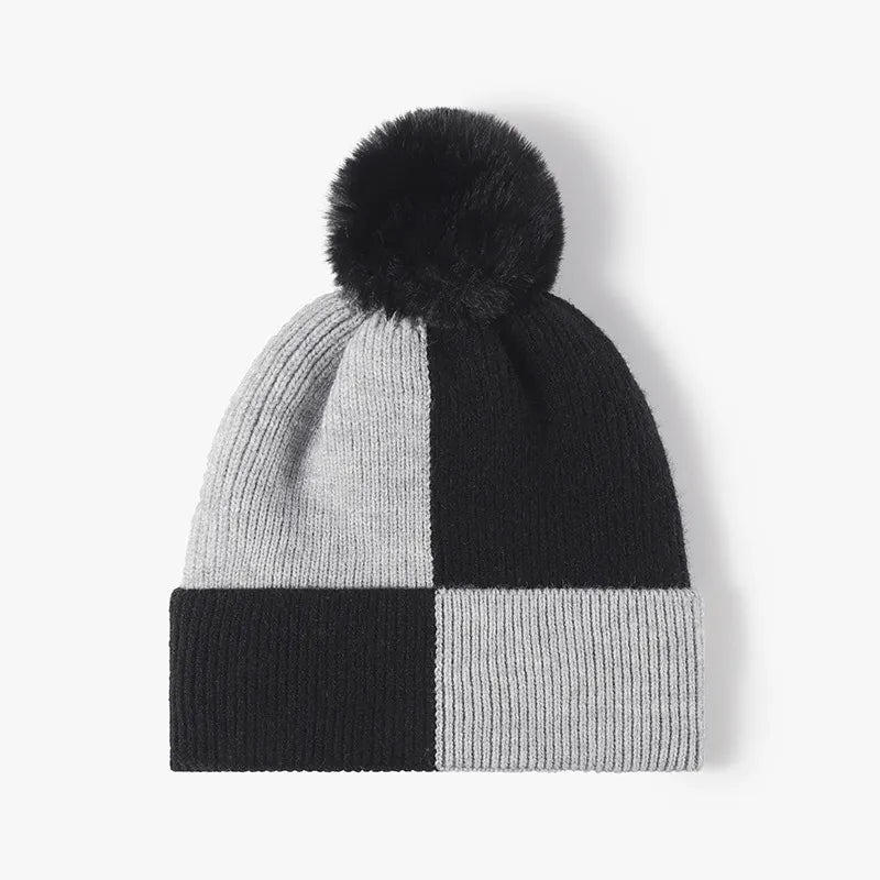 Black Color block ribbed knit beanie with faux fur pom-pom