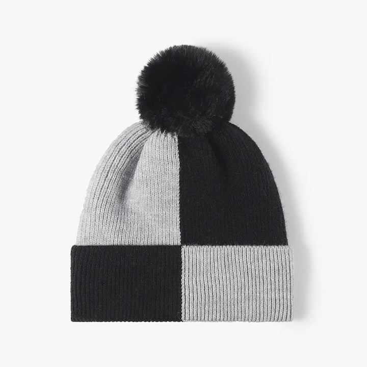Black Color block ribbed knit beanie with faux fur pom-pom
