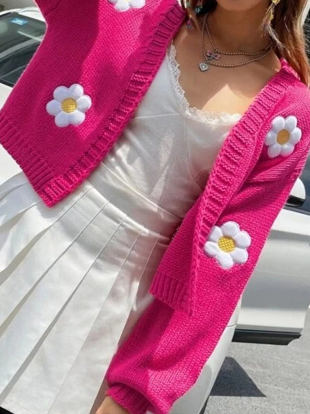 Daisy appliqué open front chunky knit cardigan